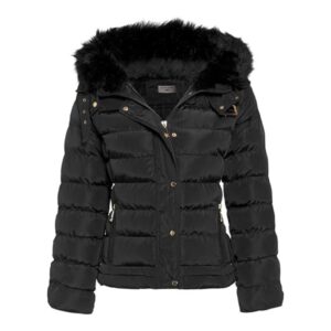 Women's Quilted Padded Winter Jacket with Faux Fur-Trimmed Hood, Standard Length, 100% Polyester