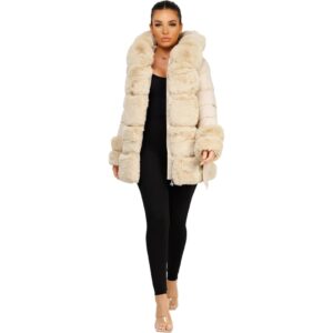 Women's Puffer Waist Belted Padded Parka Coat Jacket With Faux Fur Hood Cuff And Trim (Color: Beige)